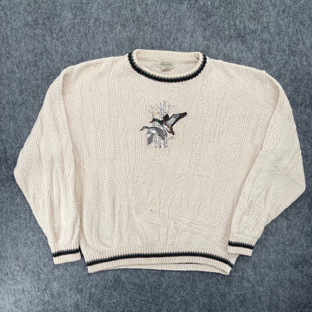 Vintage St Johns Sweater Mens XL Duck Embroidery Cotton Knit Cream Mallard Birch